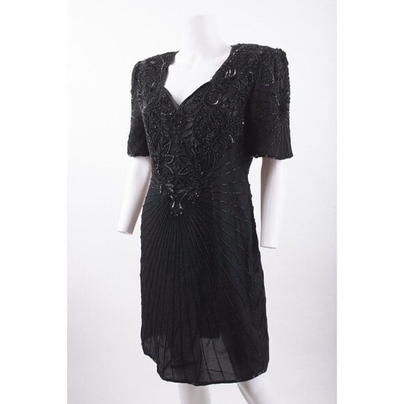Vintage Scala Womans Silk Evening Dress Size Petite L PL Black Beaded Formal - Picture 3 of 6